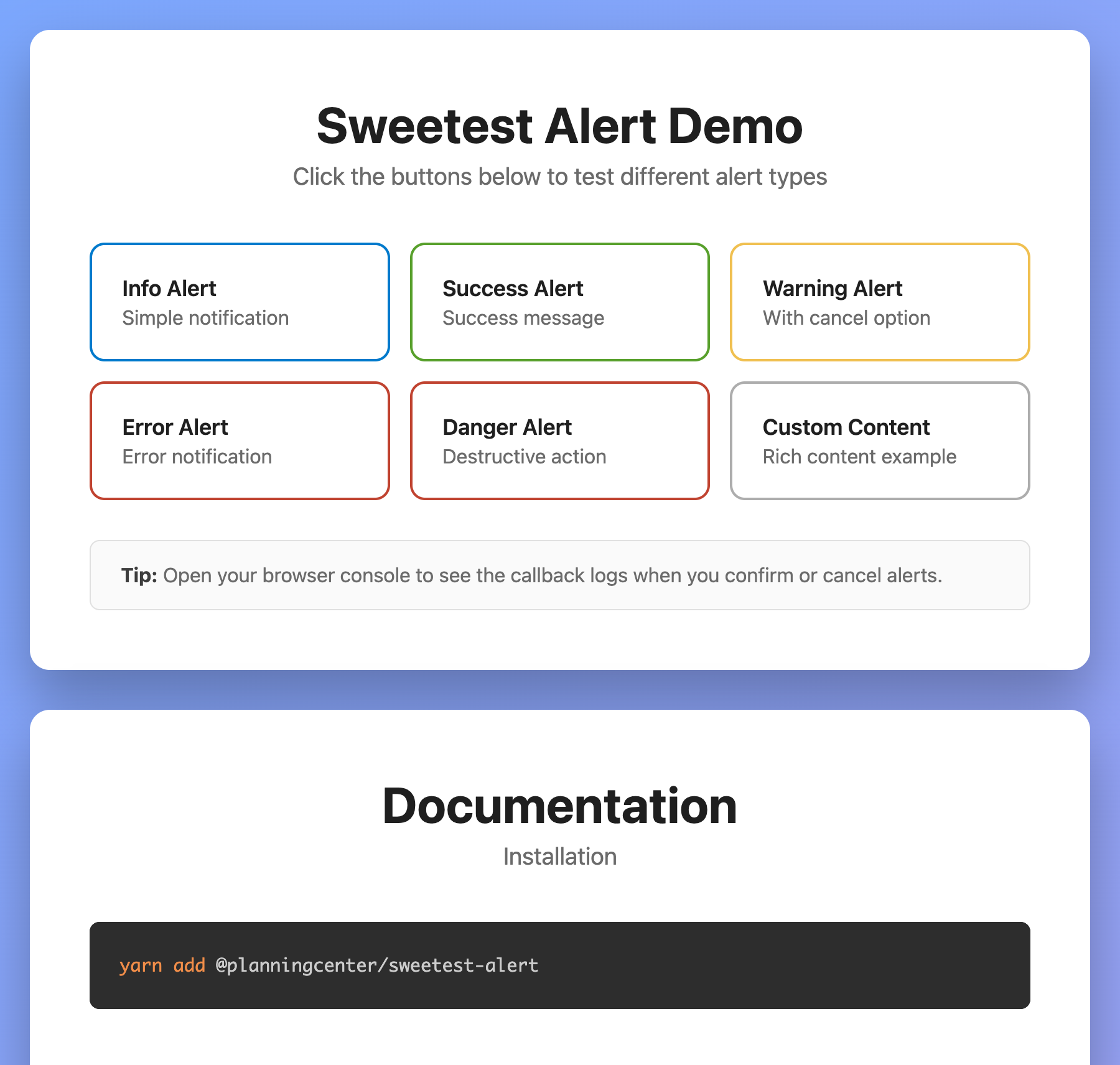 Sweetest Alert docs & demo page